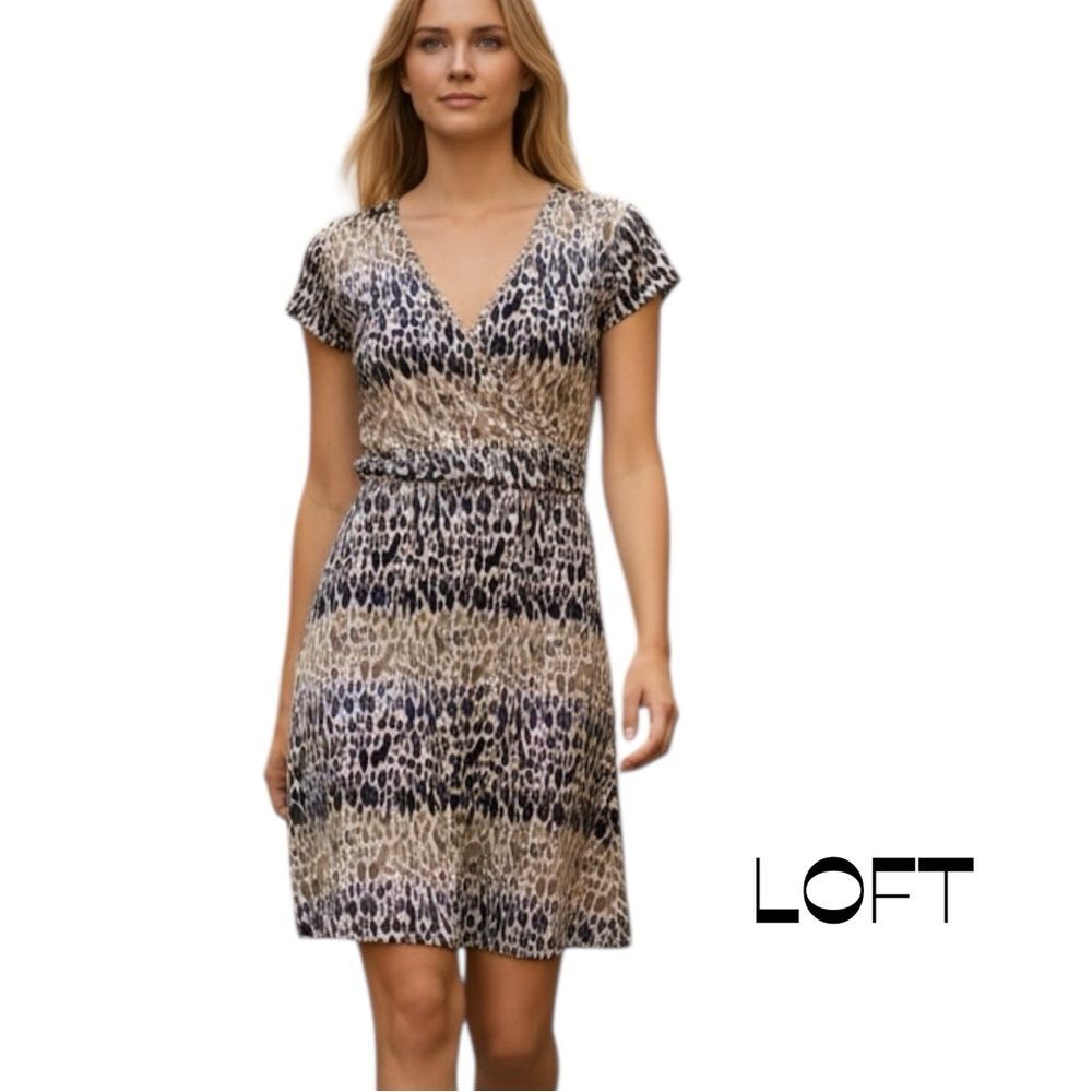 Loft Cream Tan Black Faux Wrap Short Sleeve Dress NWOT Size S